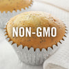 A close-up of a cupcake with the words NON-GMO on it.