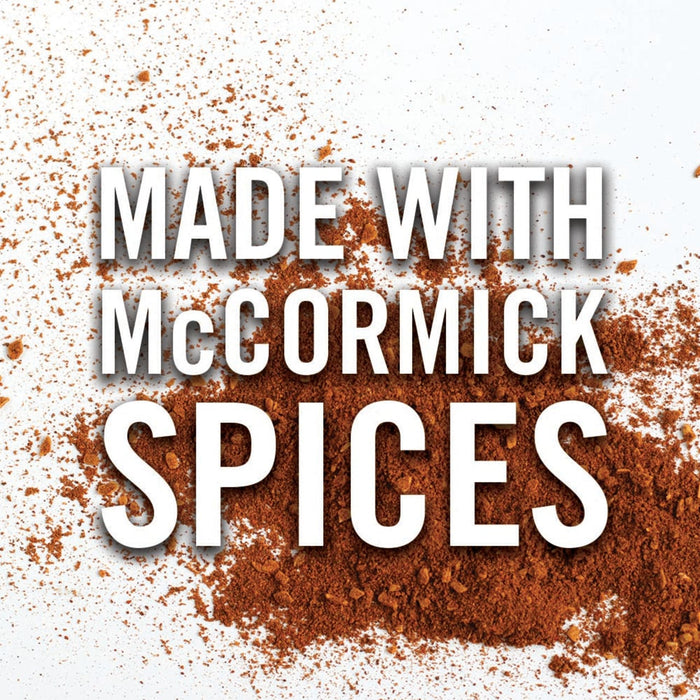 The words Made with McCormick Spices are written in white on a background of brown spice.