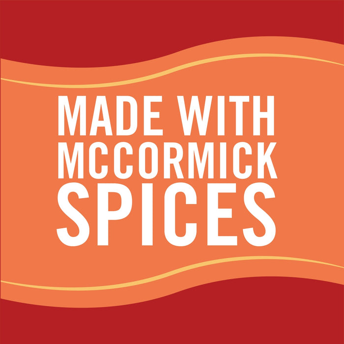 A red and orange graphic with the text Made with McCormick Spices.