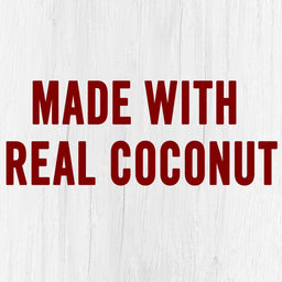 The words Made with Real Coconut in red on a white wood background.