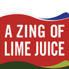 A red and white logo with the text A ZING OF LIME JUICE.