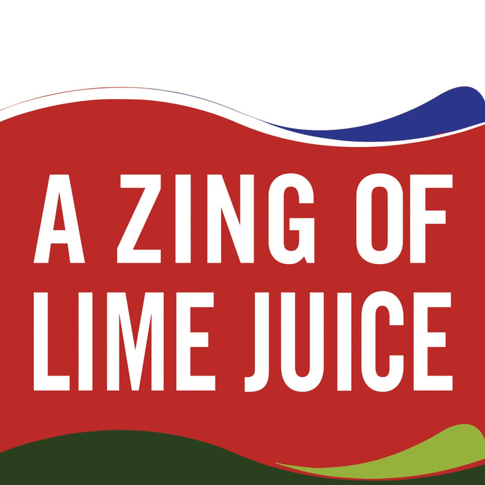 A red and white logo with the text A ZING OF LIME JUICE.