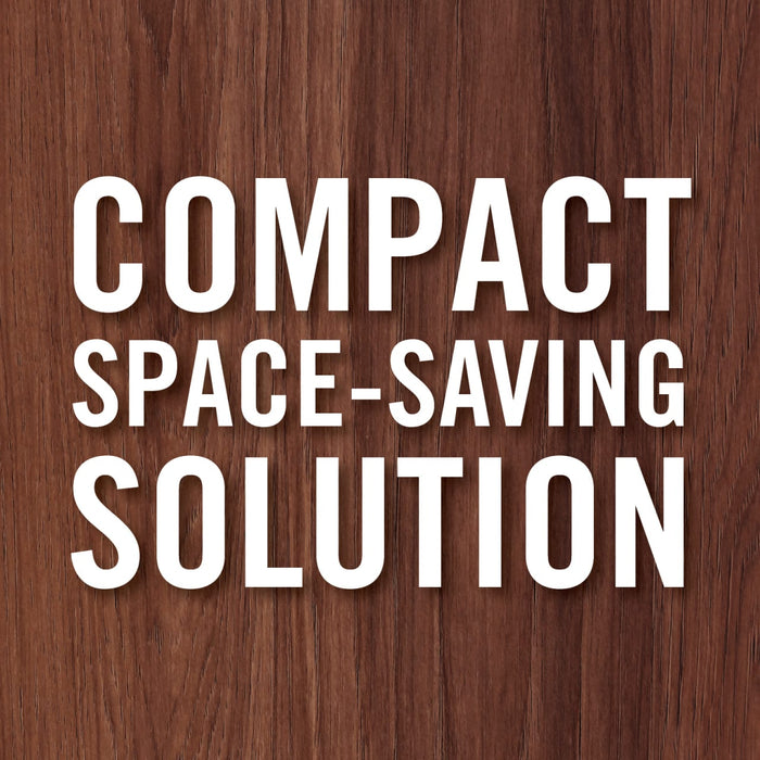 A graphic featuring the text COMPACT SPACE-SAVING SOLUTION in bold white letters against a dark wood grain background.