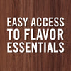A graphic featuring the phrase EASY ACCESS TO FLAVOR ESSENTIALS in bold white capital letters against a dark wood grain background.
