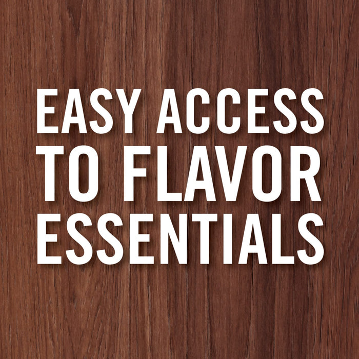 A graphic featuring the phrase EASY ACCESS TO FLAVOR ESSENTIALS in bold white capital letters against a dark wood grain background.