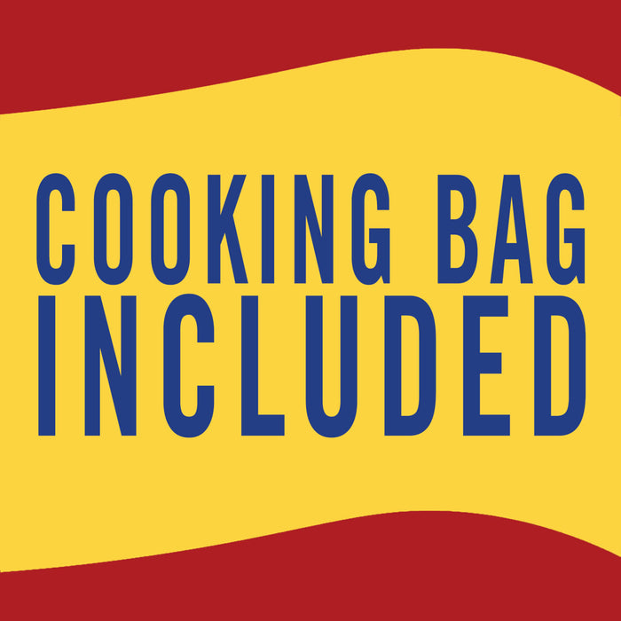 A yellow and red banner with the text Cooking Bag Included in blue.