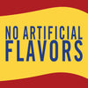 A yellow and red banner with the text NO ARTIFICIAL FLAVORS in blue.