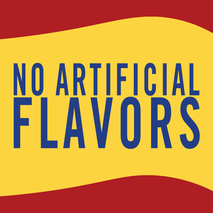 A yellow and red banner with the text NO ARTIFICIAL FLAVORS in blue.