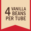 A red and white label with the text 4 Vanilla Beans Per Tube.