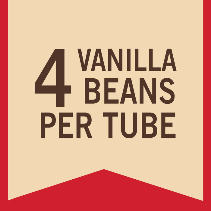 A red and white label with the text 4 Vanilla Beans Per Tube.