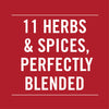 White text on a red background reads 11 Herbs &amp; Spices, Perfectly Blended.