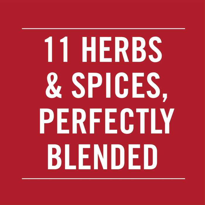 White text on a red background reads 11 Herbs &amp; Spices, Perfectly Blended.