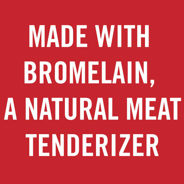 White text on a red background reads Made with bromelain, a natural meat tenderizer.