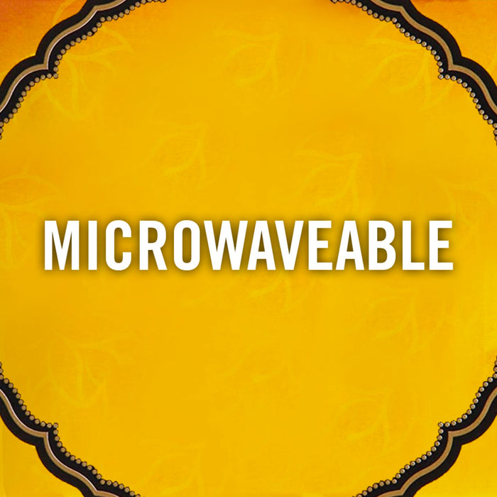 A yellow background with a black and gold border and the word MICROWAVEABLE in white text.