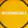 A yellow background with a black and gold border and the word MICROWAVEABLE in white.