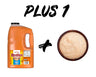 Orange bottle labeled 'Red Hot Wings' next to a bowl of sauce on a white background with text 'PLUS 1'.