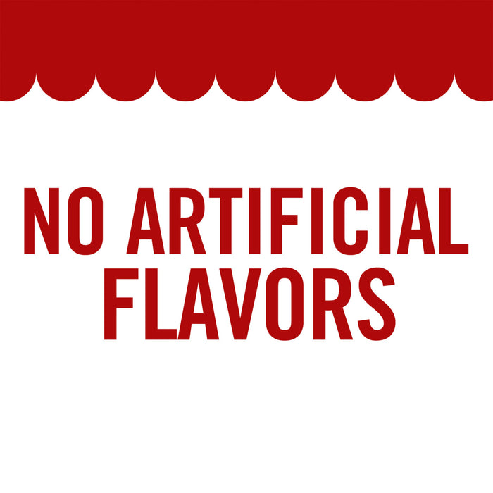 A red banner with the text NO ARTIFICIAL FLAVORS in white.