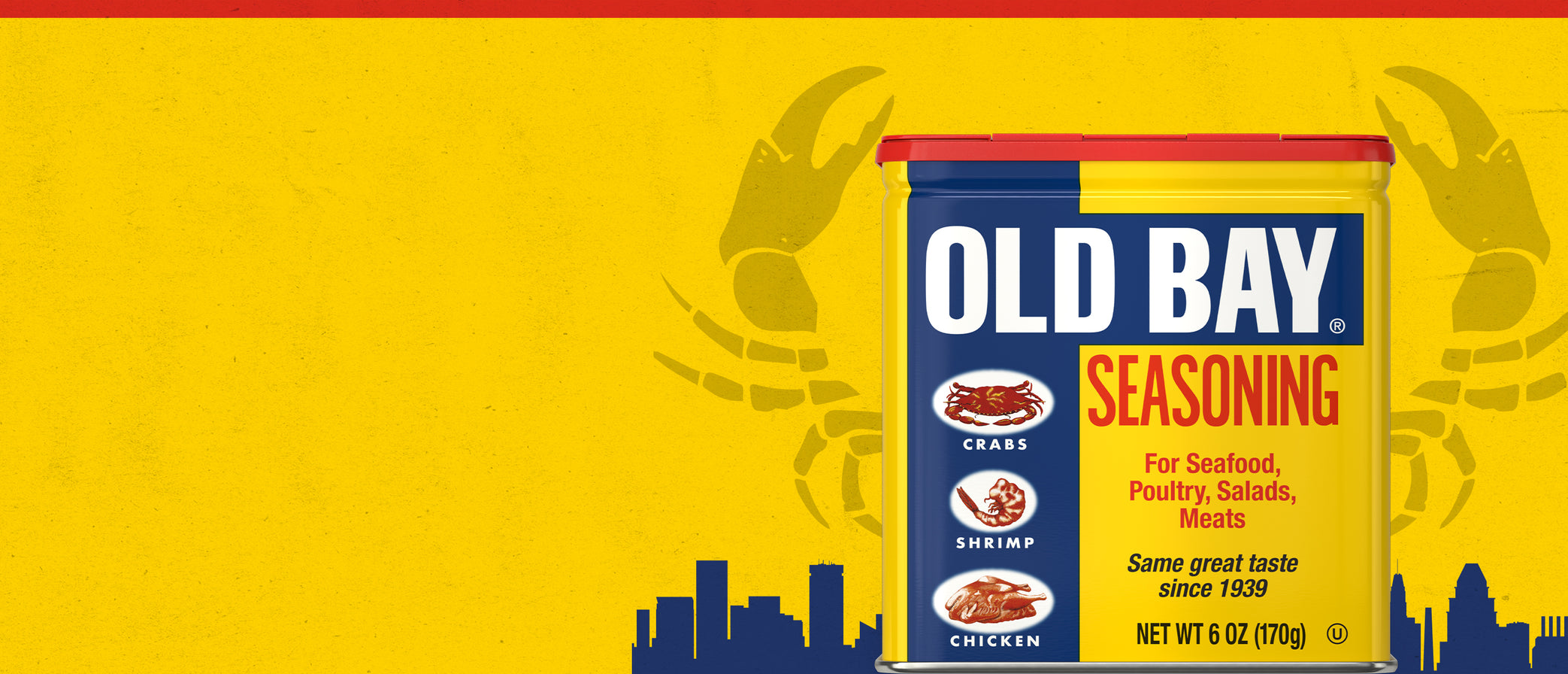 Old Bay seasoning can with yellow background and crab illustrations
