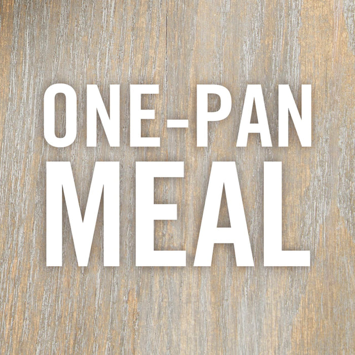 The words One-Pan Meal in white letters on a woodgrain background.