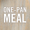 The words One-Pan Meal in white letters on a woodgrain background.