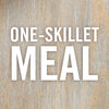 The words ONE-SKILLET MEAL are written in white on a woodgrain background.