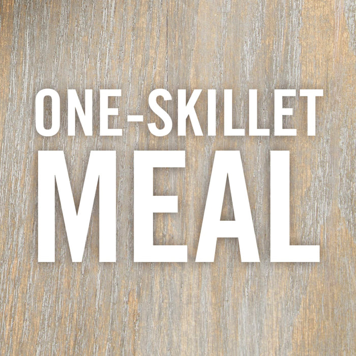 The words ONE-SKILLET MEAL are written in white on a woodgrain background.
