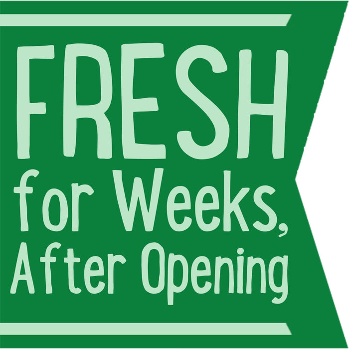 A green banner with white text that reads FRESH for Weeks, After Opening.