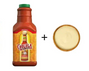 Cholula hot sauce bottle with a bowl of cream on a white background