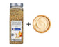Bottle of seasoning mix with a bowl of cream on a white background