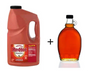 Frank's RedHot chili sauce container and a bottle of maple syrup on a white background