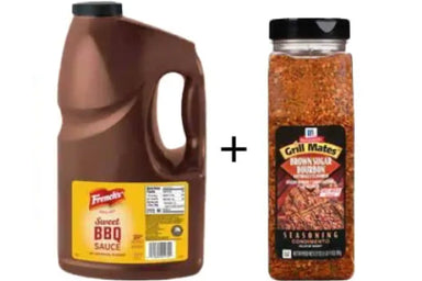 Two barbecue products: a jug of Sweet BBQ Sauce and a container of Grill Mates seasoning on a white background.