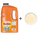 Gallon jug of Frank's RedHot sauce with a small bowl of sauce on a white background