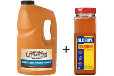 Cattlemen's Carolina Tangy Gold BBQ Sauce container and Old Bay seasoning jar on a white background