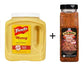Two condiment bottles, one yellow and one brown, on a white background