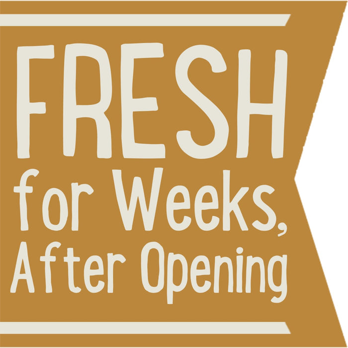 A gold banner with white text that reads FRESH for Weeks, After Opening.