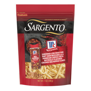 Sargento shredded cheese package with red pepper flavoring on a white background