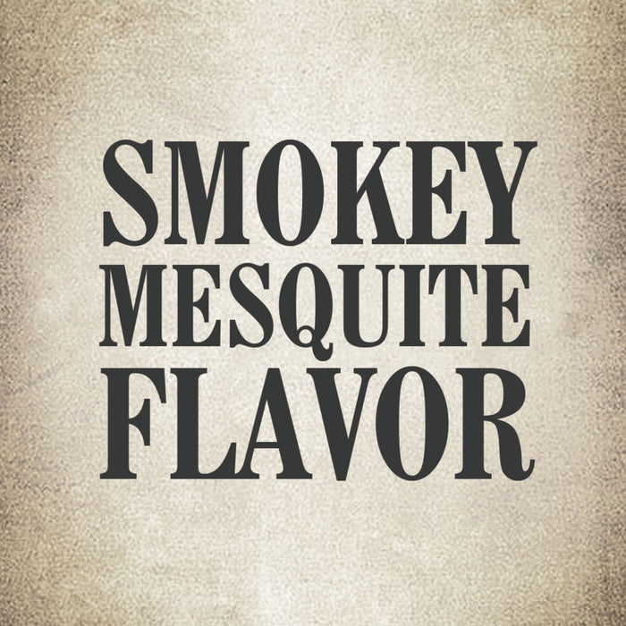 The text Smokey Mesquite Flavor is displayed in bold black letters on a beige background.