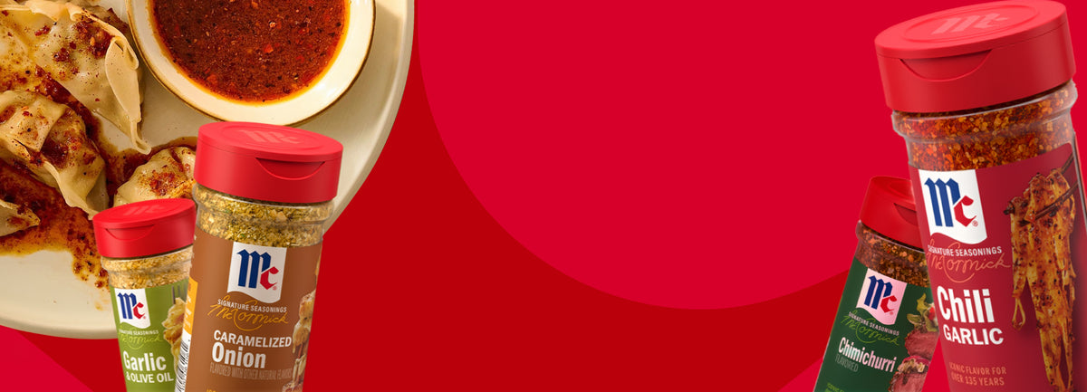 mccormick signature seasoning products on a red designed background with circles and a recipe photo of dumplings