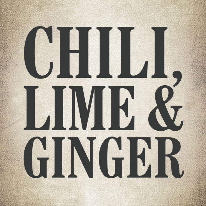 The text Chili, Lime &amp; Ginger is displayed in bold, black letters on a light brown background.