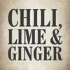 The text Chili, Lime &amp; Ginger is displayed in bold, black letters on a light brown background.