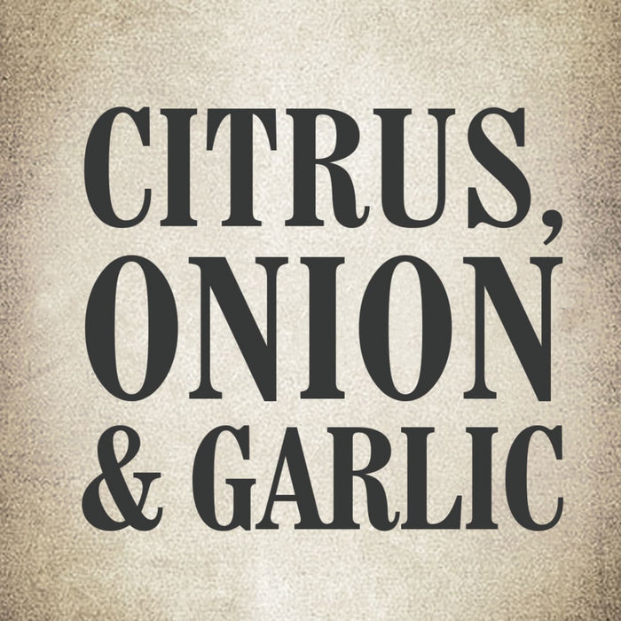 The text Citrus, Onion &amp; Garlic is written in bold, black font on a beige background.
