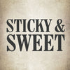 The text Sticky &amp; Sweet in black bold letters on a beige background.
