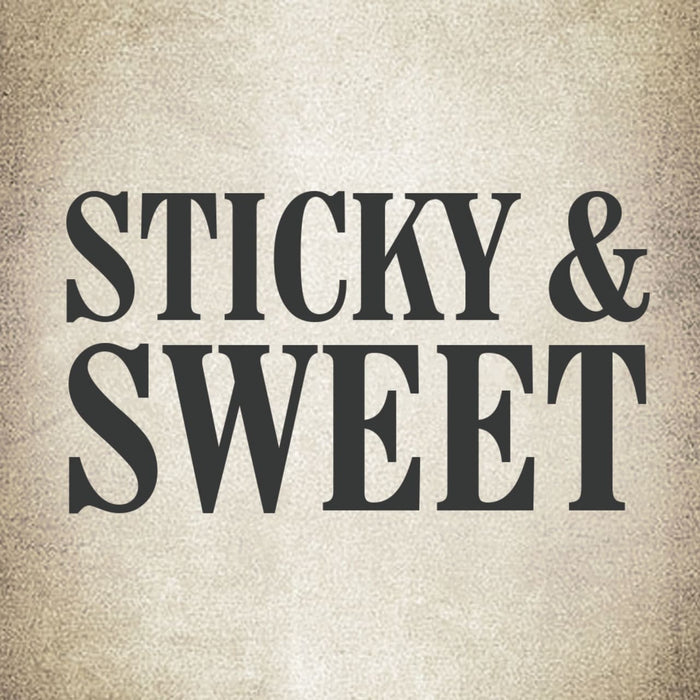 The text Sticky &amp; Sweet in black bold letters on a beige background.