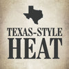 A black and white illustration of the state of Texas with the text Texas-Style Heat underneath.