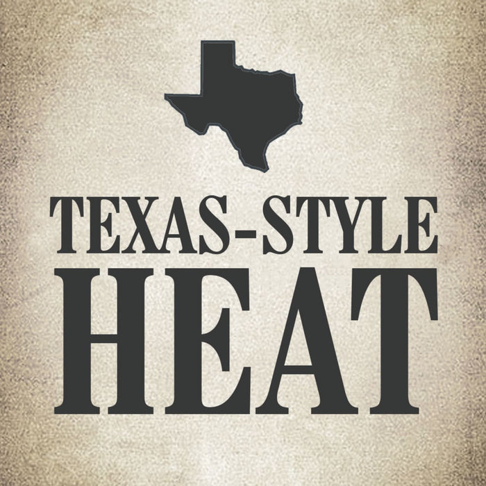 A black and white illustration of the state of Texas with the text Texas-Style Heat underneath.