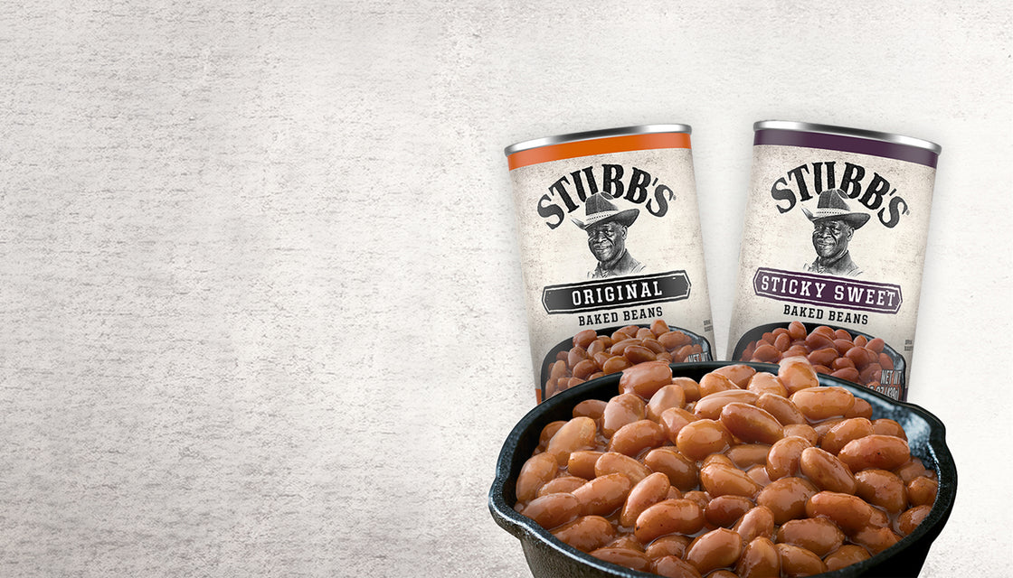 Stubb's baked beans behind a dish of baked beans