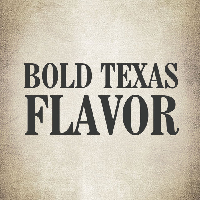 The text BOLD TEXAS FLAVOR is displayed in a bold black font on a light brown background.