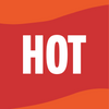 The word HOT in white letters on a red background with an orange wave at the bottom.
