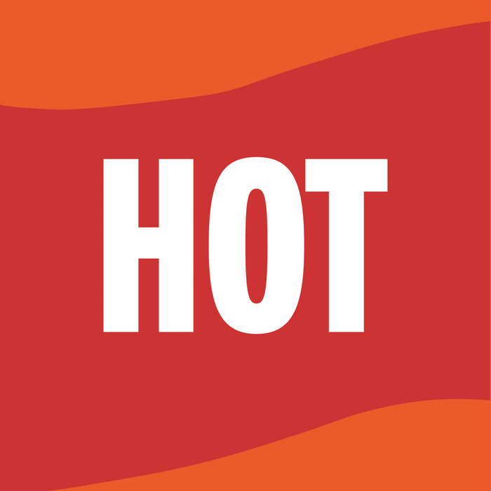 The word HOT in white letters on a red background with an orange wave at the bottom.