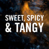 The words Sweet, Spicy &amp; Tangy are written in white against a background of fire and embers.